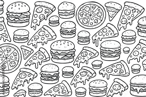 Seamless Pattern of Pizza and Burger Fast Food Doodles
