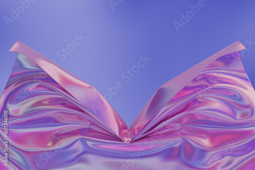 The wrinkled iridescent cover reveals the blue background with copy space area for captions. 3d render