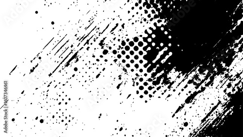 Vector new style halftone dots modern grunge texture. Black Ink splatter brush stroke on black halftone dots abstracts white background. Vector abstract splashes and dotted paint distressed halftone 	