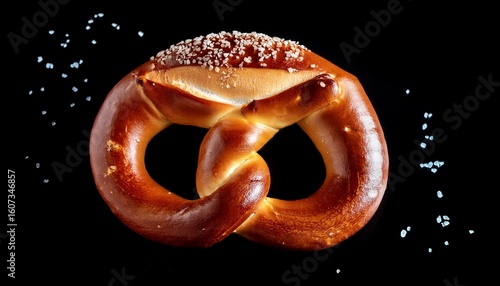 a single pretzel roll with a golden brown crust and salt sprinkles against a black background view