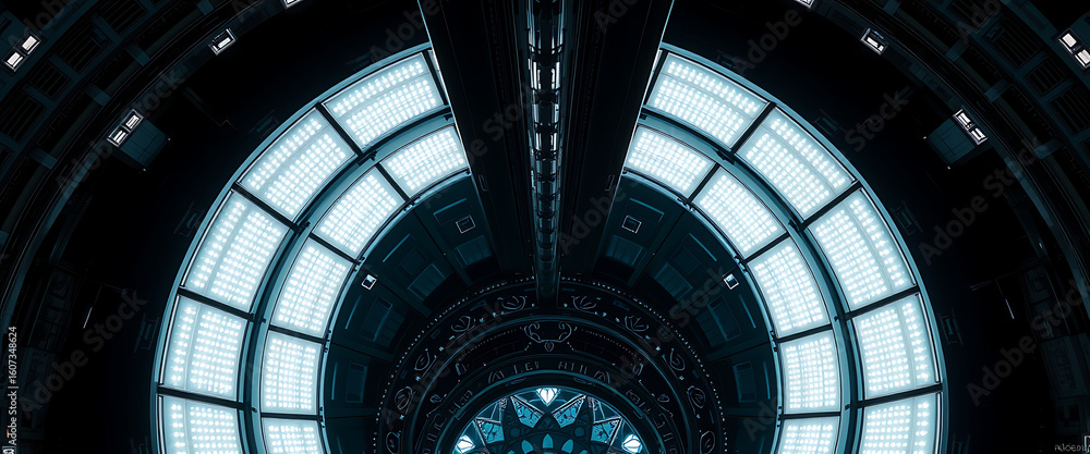 Naklejka premium Futuristic Circular Structure with Blue Lights in a Sci-Fi Atmosphere