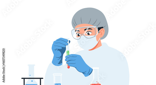 Scientist in protective gear analyzing samples in a modern lab, scientific research concept