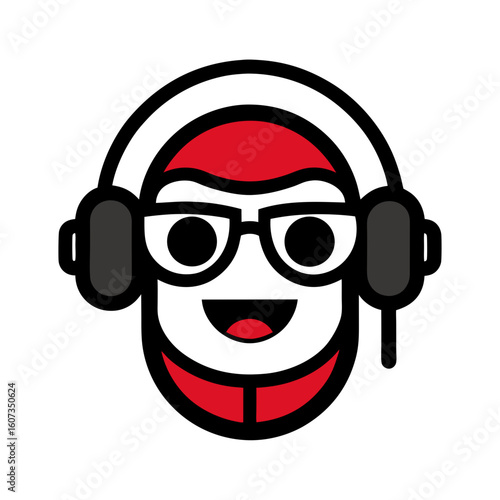 Happy cartoon character with glasses and headphones listening to music