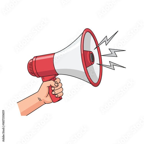 Human hand holding a red and white megaphone making a loud sound, a vector graphic for communication and alerts.