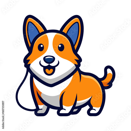Cute cartoon corgi dog with a leash on a white background