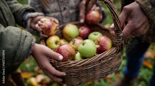 Family shares apples from a basket