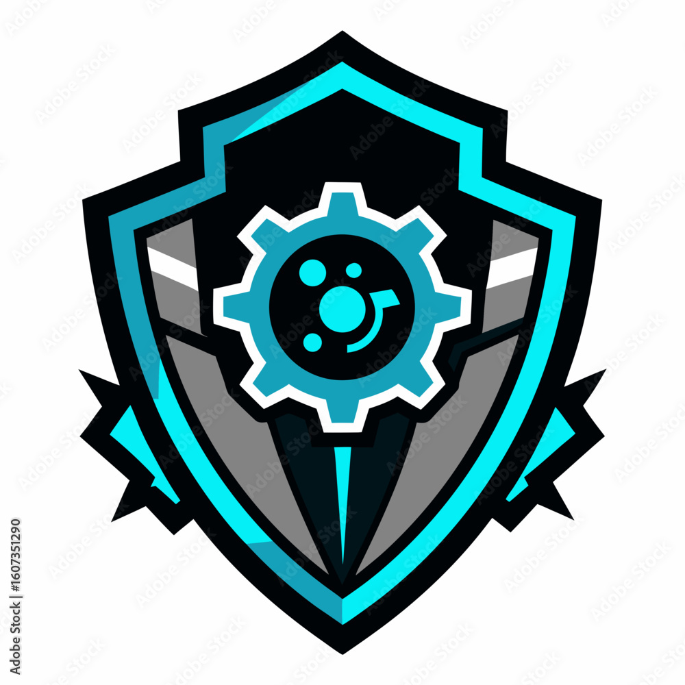 Modern tech shield emblem with cyan gear and abstract design elements Modern tech shield emblem with cyan gear and abstract design elements
