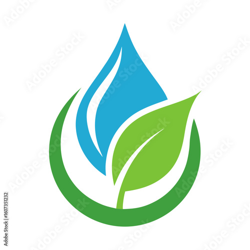 Abstract logo combining a blue water drop with a green leaf and circular green element