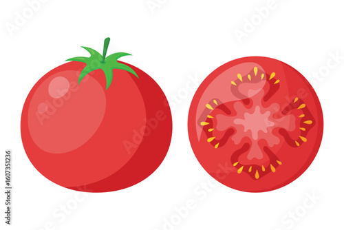 Isolated tomato and tomato slice on transparent background. Farm vegetables. Tomato icon. Design element for cooking theme, cafe, restaurant. Decorations in flat cartoon style. Vector illustration.