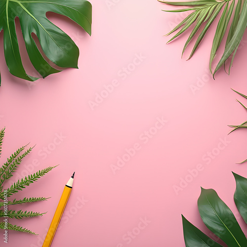 Yellow pen on a pink background, plant elements and space for an inscription