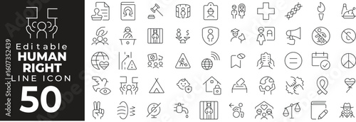 Human rights and freedom set of web icons in line style. Social justice linear icons collection. Containing equality, law, democracy, protest, charity, voting, religion, education, support. Editable