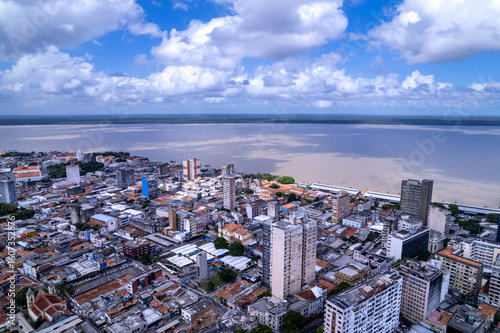 Beautiful aerial view of Belém city skyline and Amazon river in the Amazonia, Pará state, Brazil. Belem downtown buildings, streets, old houses. Concept of travel, cityscape, architecture, tourism.