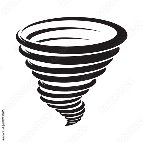 Black tornado graphic with swirling bands on a white background storm weather