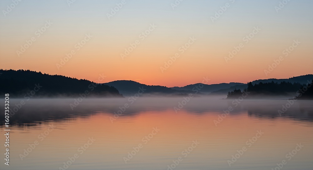 Obraz premium scene of a calm body of water reflecting a subtle, hopeful sunrise on New Year's Day. Distant, silhouetted trees or mountains line the horizon, adding depth. The water is perfectly still,