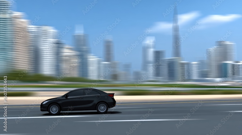 Fototapeta premium Black car driving on a road in a city with modern architecture and motion blur during a sunny day