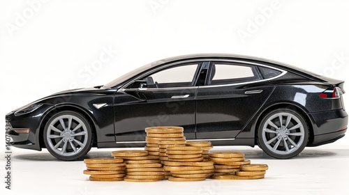 Conceptual representation of luxury vehicles using a black toy car and stacks of coins on a minimalist white background