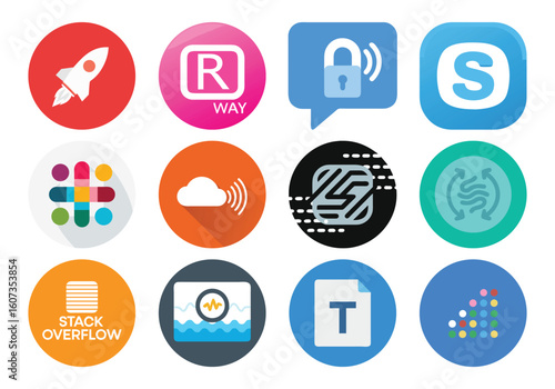 Vector art of a dynamic assortment of tech and app icons, including a rocket, lock, cloud, and stack overflow, representing digital services