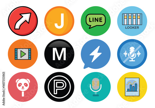 Vector art of a vibrant grid of application icons showcasing communication, entertainment, and productivity tools like line and looker