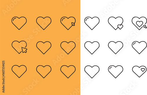 Heart icons with cursor and nested hearts on orange and white backgrounds