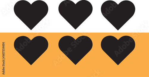 Six black hearts on white and orange background love