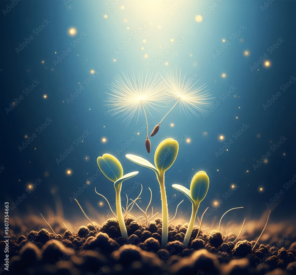 Obraz premium Seedlings growing in fertile soil with dandelion seeds floating above at night