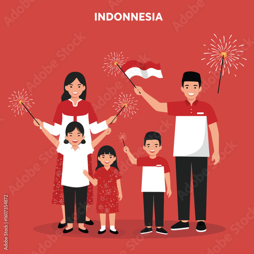 A family of five celebrates Indonesia's independence day with sparklers and a waving Indonesian flag against a red background.