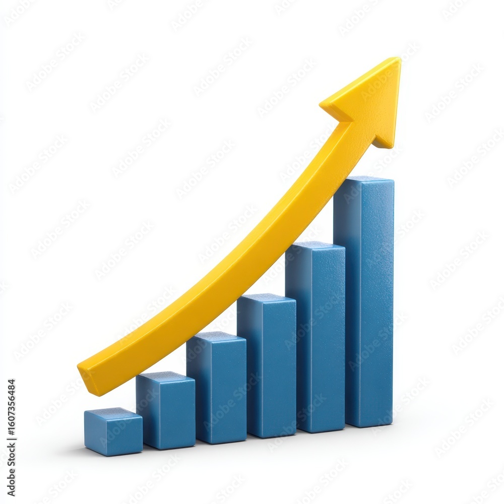 Upward trend arrow over blue bar chart isolated on white background Upward trend arrow over blue bar chart isolated on white background