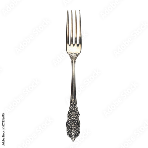 Vintage ornate silver fork isolated on transparent background