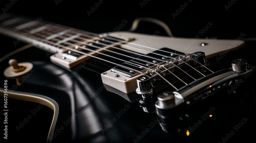 Fototapeta premium A black electric guitar with a white bridge