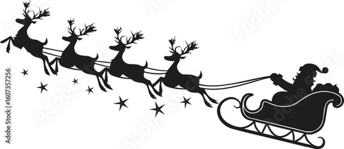 Santa Claus flying in a sleigh with a team of reindeer. Christmas holiday silhouette with stars. Vector graphic icon for festive designs, isolated on white background.