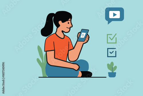 Engaging with online learning. A woman uses her phone for educational content, symbolizing digital education and personal development.