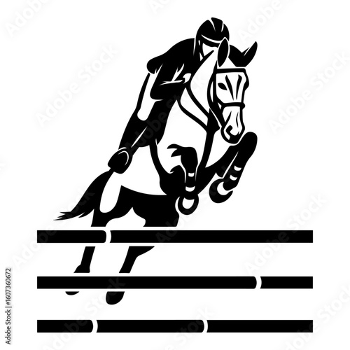 Equestrian show jumper on horse clearing hurdle in stylized black and white illustration