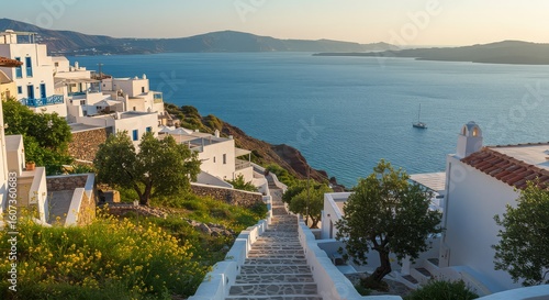 Fototapeta Naklejka Na Ścianę i Meble -  Charming greek island village with whitewashed buildings cascading down a hillside towards a serene blue aegean sea