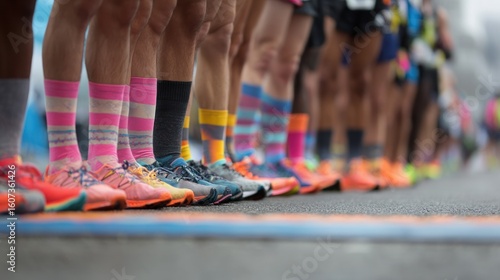 Runners' legs and feet in vibrant socks and shoes at starting line