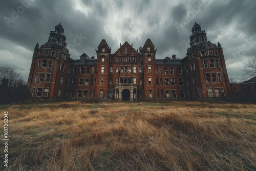 Massive, brick, abandoned hospital, weathered facade, under a stormy sky