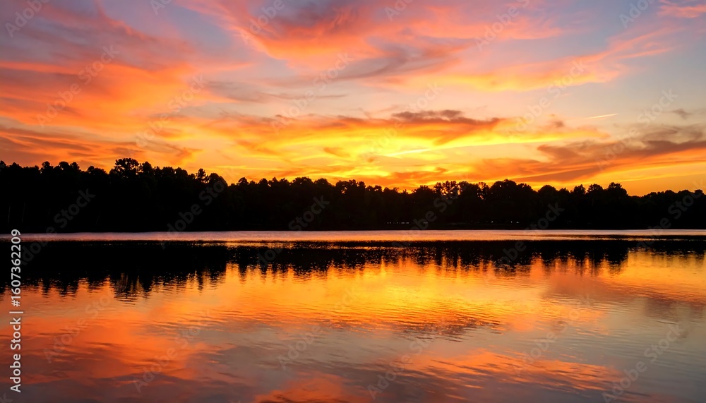 Obraz premium Sunset over a lake with silhouettes of trees