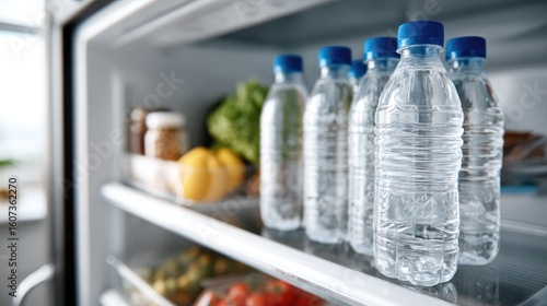 Refreshing bottled water in a refrigerator surrounded by a variety of plastic drink containers illuminated by warm sunlight from above