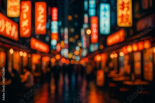 Colorful Japanese Street at Night with Neon Lights (Blurred Bokeh)