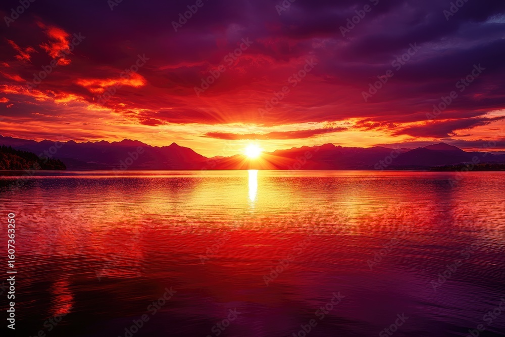 Fototapeta premium Vibrant sunset over a calm lake. Dramatic colors reflect on the water