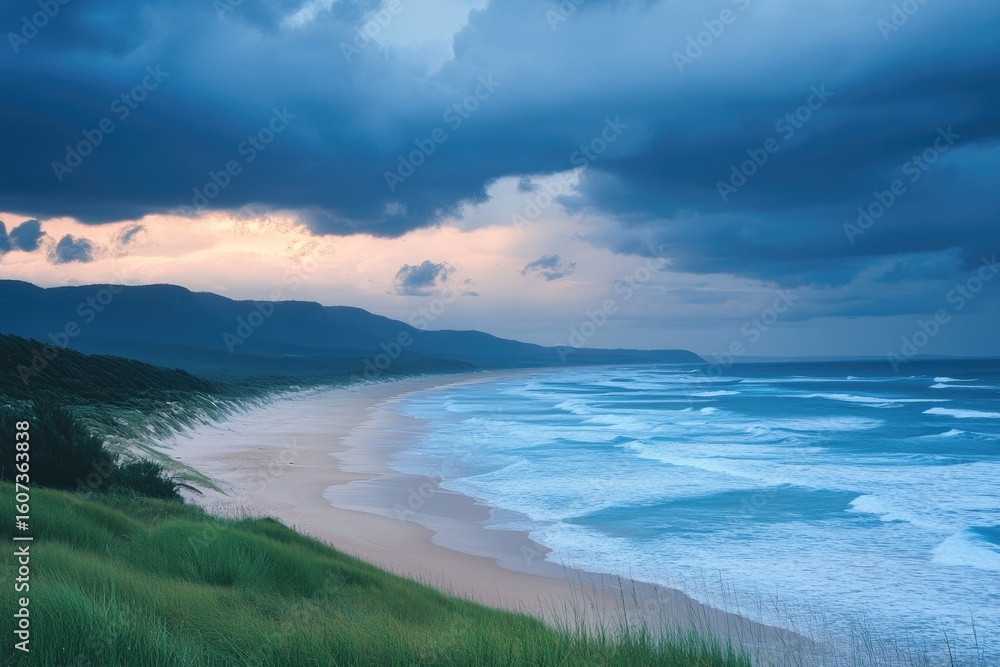 Fototapeta premium Coastal vista at dawn. Storm clouds gather