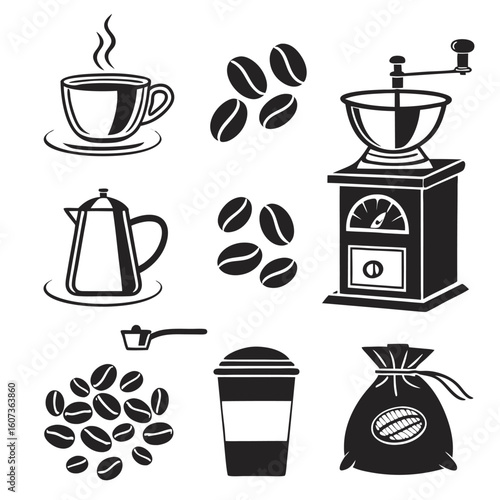 Coffee Essentials: A monochrome illustration of coffee elements, from freshly ground beans to steaming cups, embodies the essence of a comforting beverage.