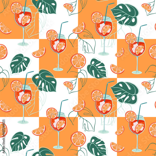 Aperol Spritz Cocktail seamless pattern. Geometric background with glass of refreshing drink, orange slices, tropical leaves. Flat design colorful hand drawn vector illustration.

