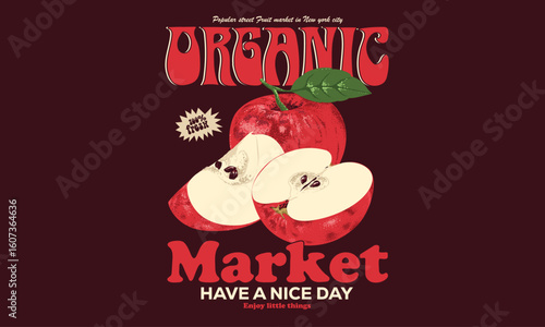 Apple market. Organic food artwork for for t-shirt. Sweet and juicy apple fruit artwork. Apple bowl. Fresh apple fruit print. Nature fruit print design.