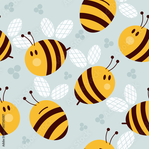 Cute seamless bee pattern with cartoon style on a pastel blue background. Perfect for kids, baby products, and textiles