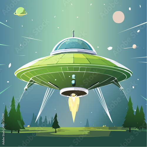 Jolie illustration d'une soucoupe volante, amusant, nuit, ciel, sapins