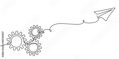 Line gear continuous one art cog icon work business factory wheel. Gear line continuous vector setting outline computer cogwheel technology sketch drawing science stroke machine brain background.