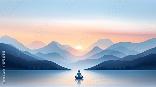 Peaceful mountain landscape with a meditating silhouette