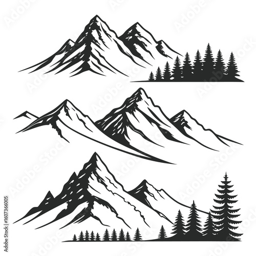  Majestic Mountain Peaks: A series of mountain illustrations stand tall and proud, depicting the majestic beauty and formidable height of peaks in a grayscale.
