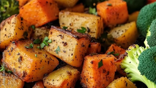 Close-up of roasted sweet potatoes & broccoli, seasoned with herbs, showcasing the texture and vibrant colors