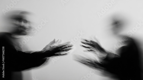 Two figures, blurred and reaching, appear to be arguing